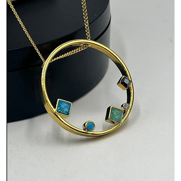 Botkier Designer Gold Tone Geometric Round Pendant Multicolor Stone Necklace New - Picture 5 of 10